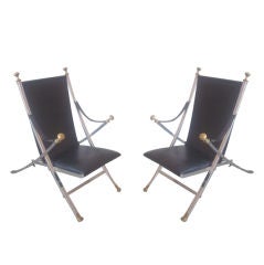 Pair of French Steel and Leather Modern Neoclassical Armchairs for Maison Jansen