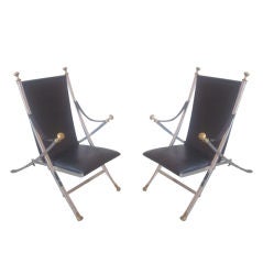 Pair of French Steel and Leather Modern Neoclassical Armchairs for Maison Jansen