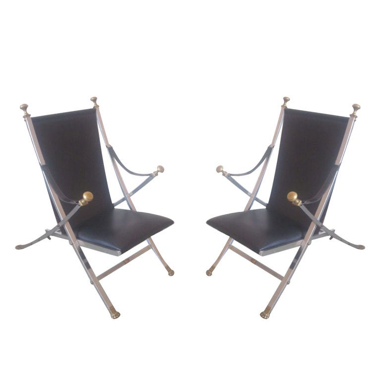 Pair of French Steel and Leather Modern Neoclassical Armchairs for Maison Jansen