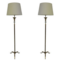 Pair French 1940 Style Gilt Iron & Rock Crystal Floor Lamps, Maison Ramsay Style