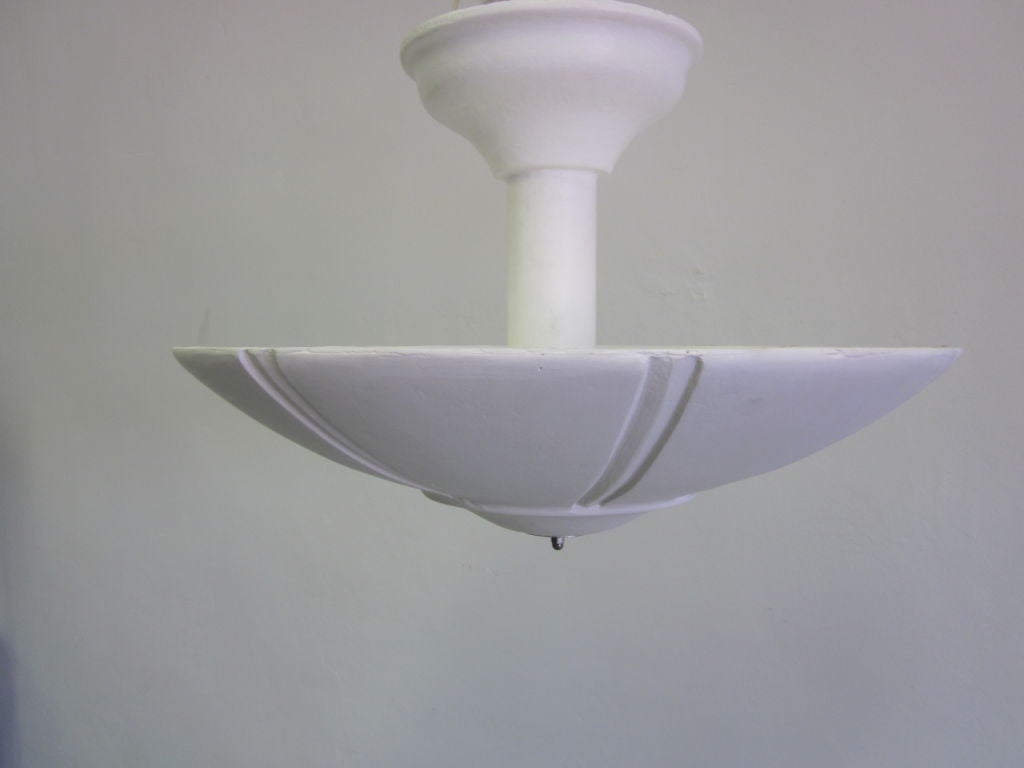 2 Elegant, sober and timeless French 1930 Art Deco / midcentury modern plaster fixtures / pendants. These sublime pieces connect seamlessly to the ceiling via a plaster canopy and stem. Connecting hardware and finial in choice of nickel or brass.