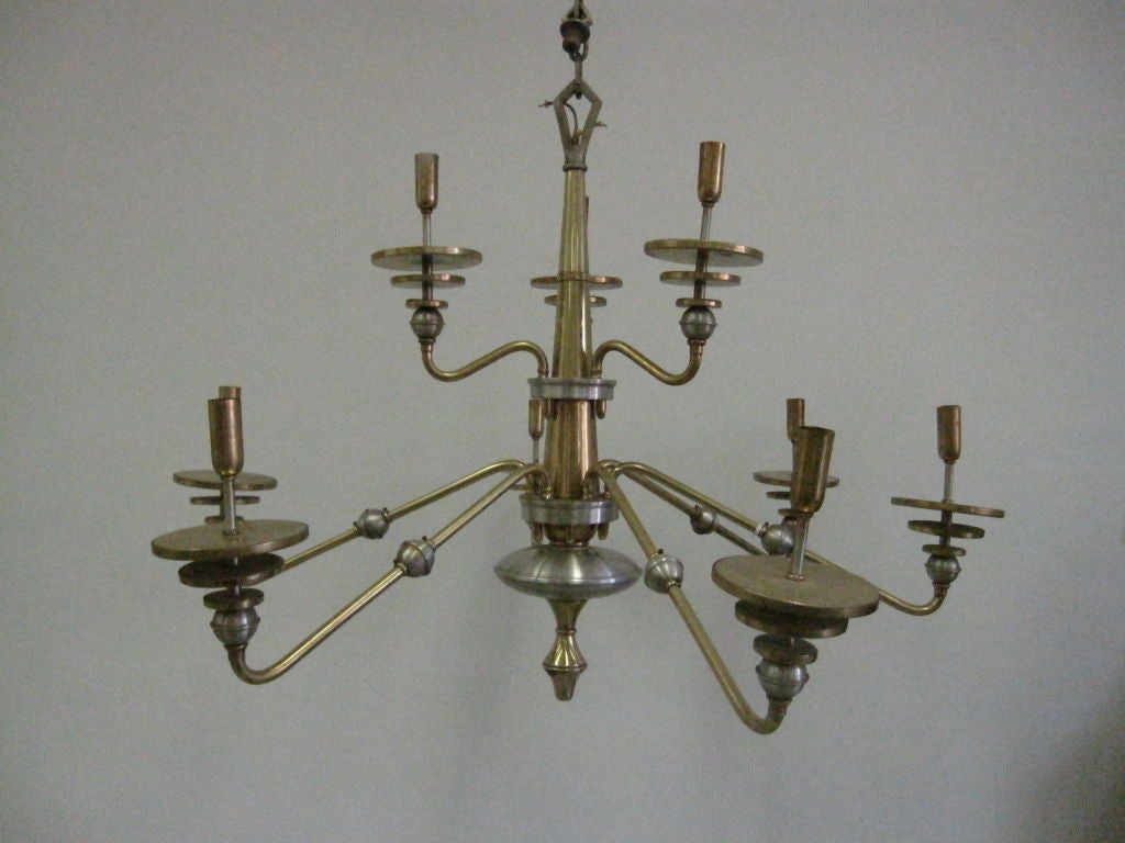 Italian Mid-Century Modern Design Double Level Chandelier in Brass & Nickel In Good Condition For Sale In New York, NY