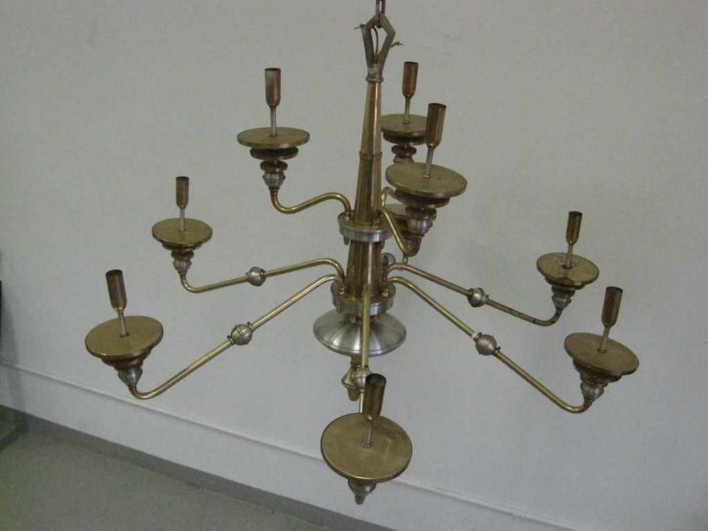 Mid-20th Century Italian Mid-Century Modern Design Double Level Chandelier in Brass & Nickel For Sale