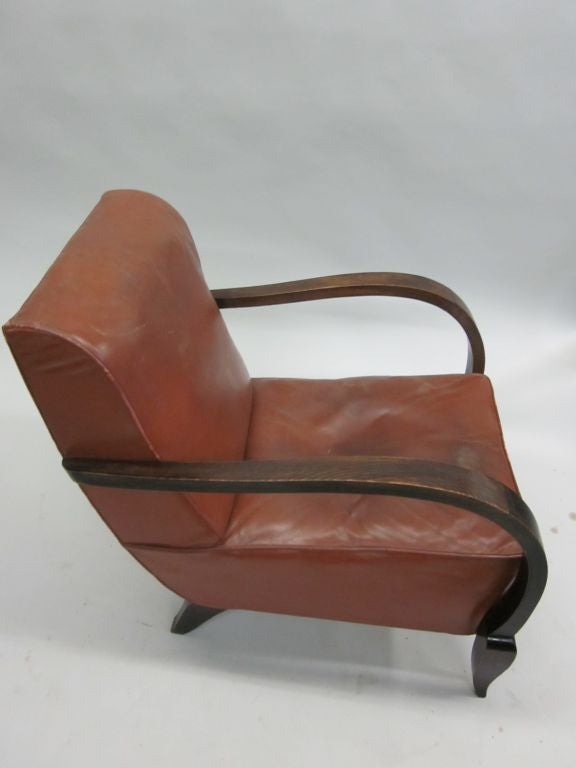 Pair of French Mid-Century Modern Wood & Leather Lounge Chairs Attr. Rene Drouet In Good Condition In New York, NY
