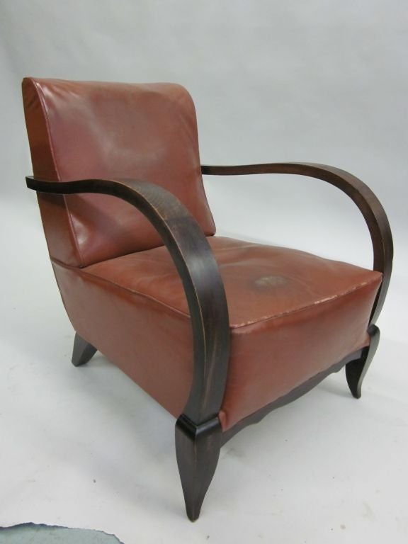 Mid-20th Century Pair of French Mid-Century Modern Wood & Leather Lounge Chairs Attr. Rene Drouet