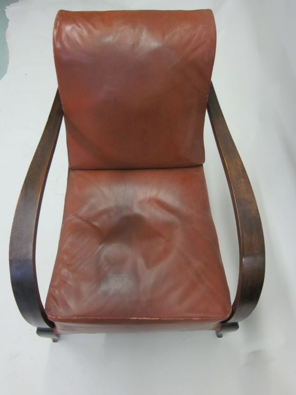 Pair of French Mid-Century Modern Wood & Leather Lounge Chairs Attr. Rene Drouet 1