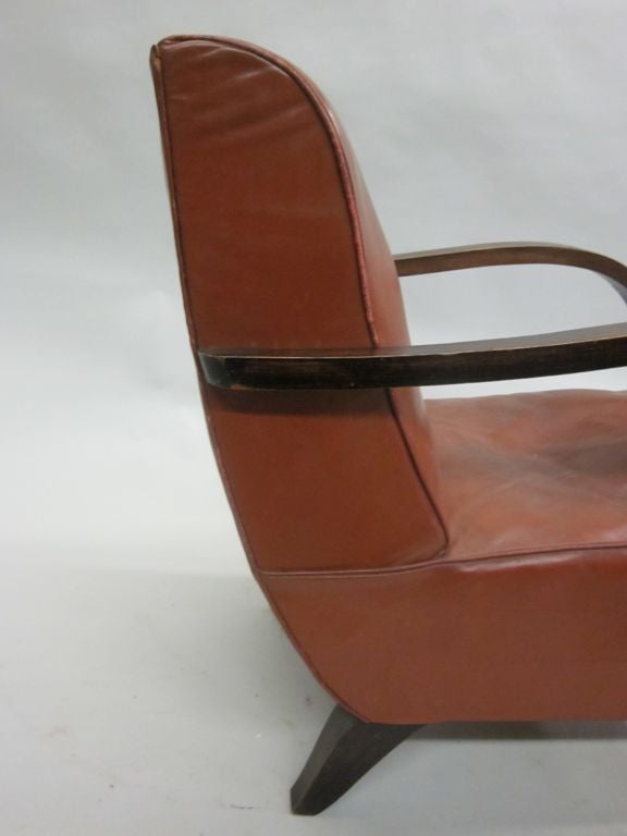 Pair of French Mid-Century Modern Wood & Leather Lounge Chairs Attr. Rene Drouet 2