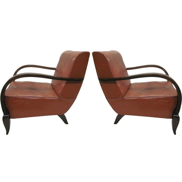 Pair of French Mid-Century Modern Wood & Leather Lounge Chairs Attr. Rene Drouet
