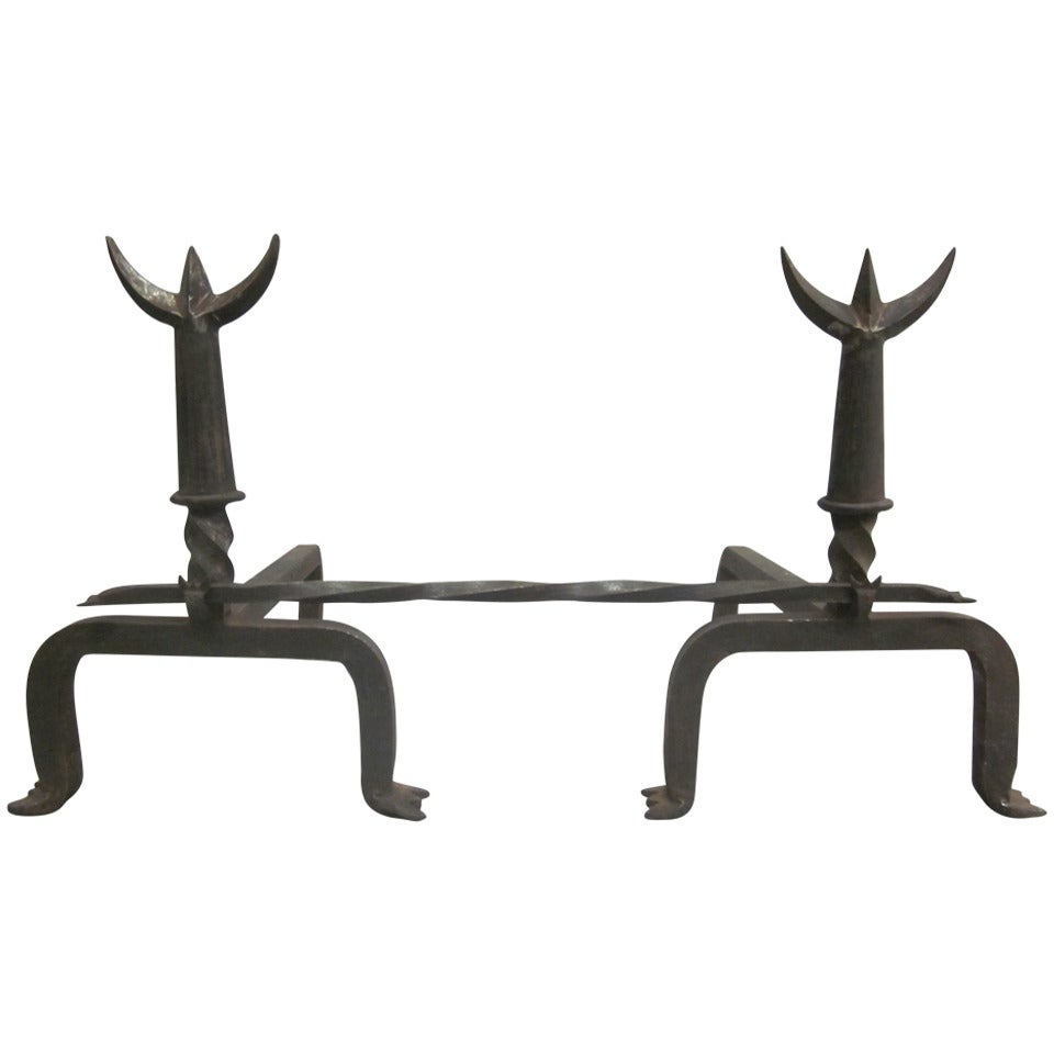 Pair French Mid-Century Wrought Iron Andirons & Fire Tool, Spirit of Giacometti