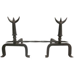 Pair French Mid-Century Wrought Iron Andirons & Fire Tool, Spirit of Giacometti