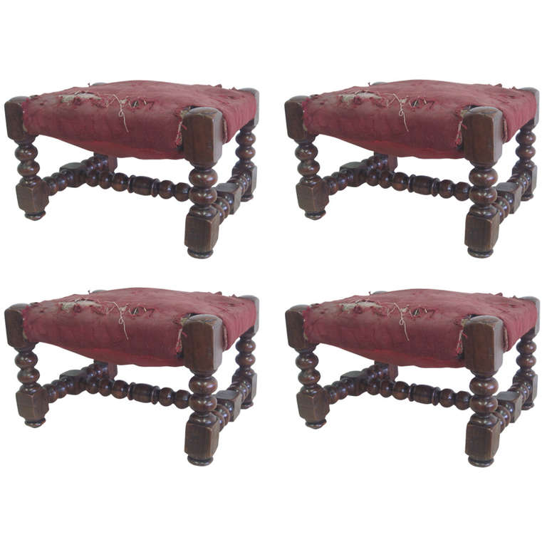 Four Italian 19th Century Hand-Carved Wood Stacked Ball Footstools / Ottomans
