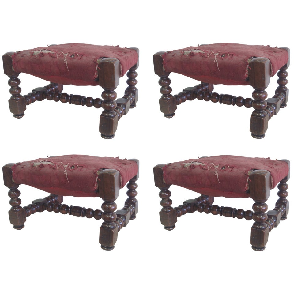 Four Italian 19th Century Hand-Carved Wood Stacked Ball Footstools / Ottomans For Sale
