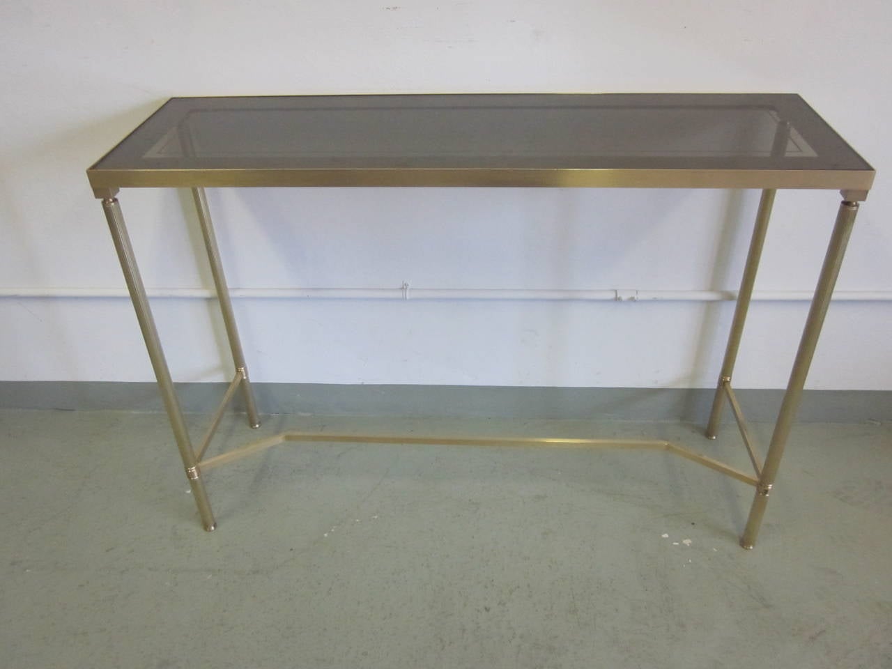 Brass and Reverse Painted Glass Console/Sofa Table Attributed to Maison Baguès at 1stdibs