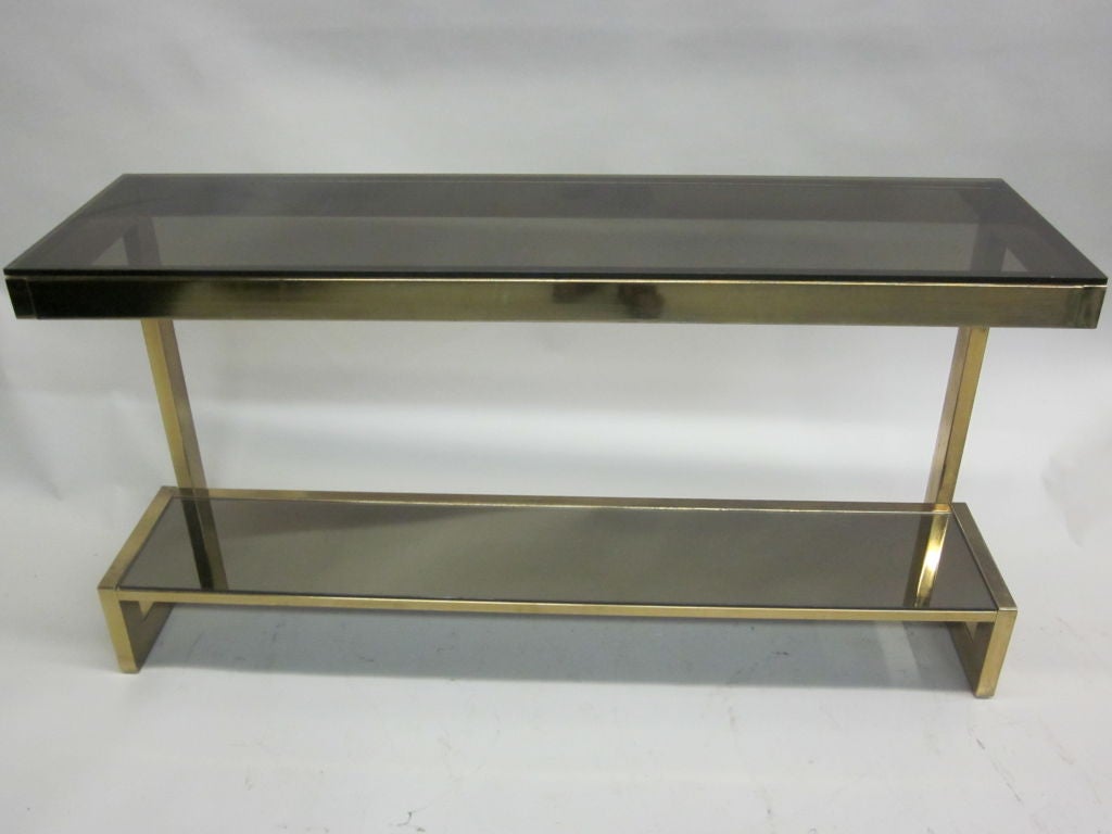 French Modern Neoclassical Double Tier Brass Console / Sofa Table, Maison Jansen In Good Condition For Sale In New York, NY