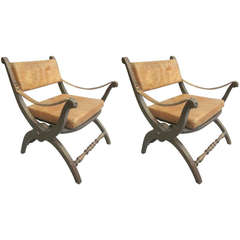 Pair Italian Mid-Century Modern Neoclassical Leather Armchairs / Lounge Chairs 7