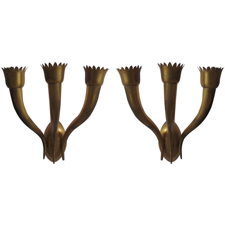  Pair of Italian Modern Neoclassical wall lights each with three arms attributed to Gio Ponti in his classic inverted ram's horn form.

An extra 3rd piece is available 