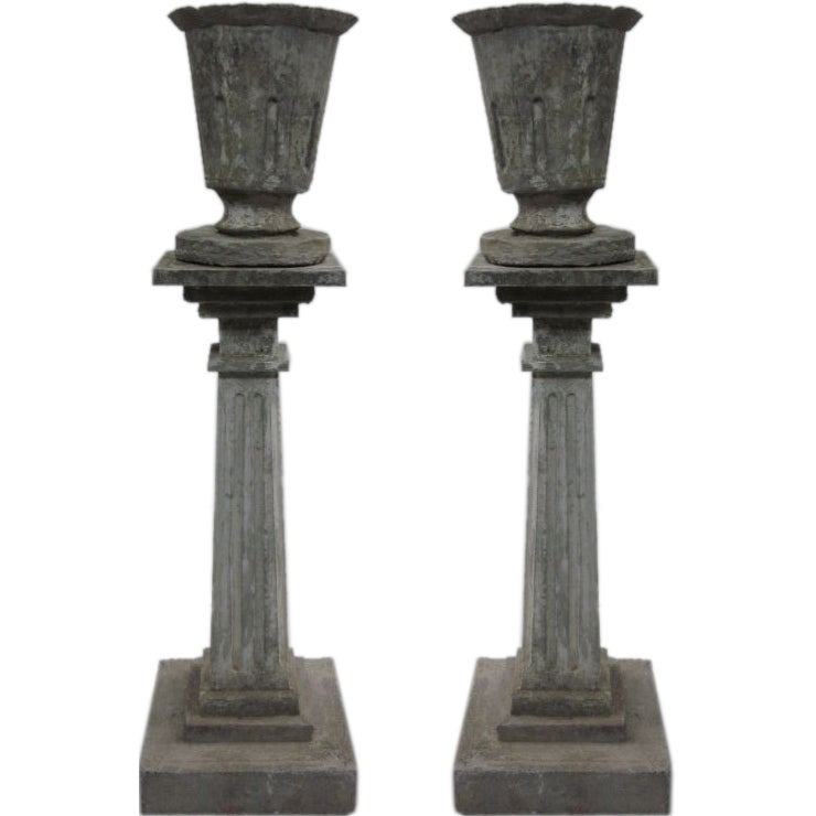 Pair of French Modern Neoclassical Stone Columns with Urns as Floor Lamps