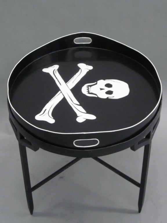 Mid-Century Modern French Mid-Century Iron Coffee Table with Tole Skull & Cross Bones Serving Tray