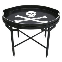 Retro French Mid-Century Iron Coffee Table with Tole Skull & Cross Bones Serving Tray