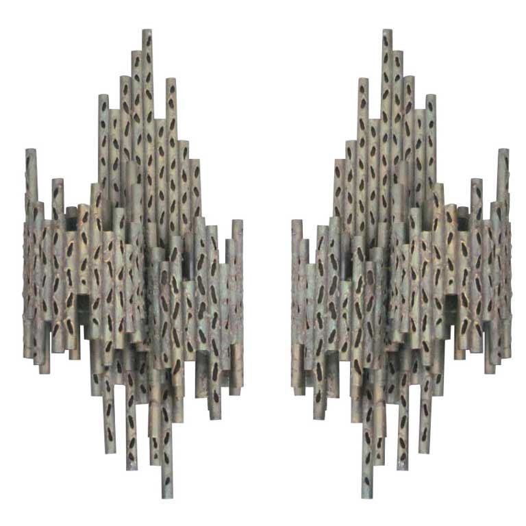 Pair of French Mid-Century  Modern Perforated Iron Sconces Attr. Maria Pergay For Sale