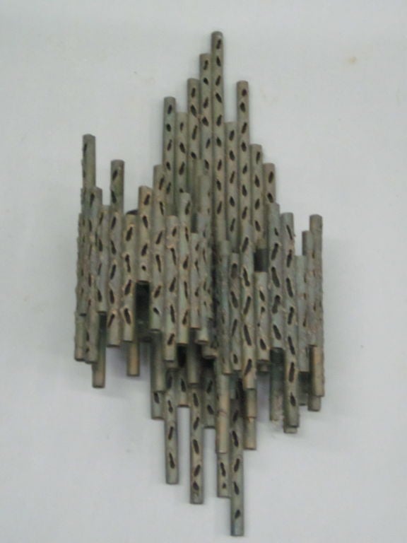 A pair of handcrafted modern wall lights attributed to Maria Pergay composed of cylindrical tubes of Iron that have been perforated.

Literature: Iron work in a similar style is exhibited in Maria Pergay: Complete Works 1957-2010 by Suzanne