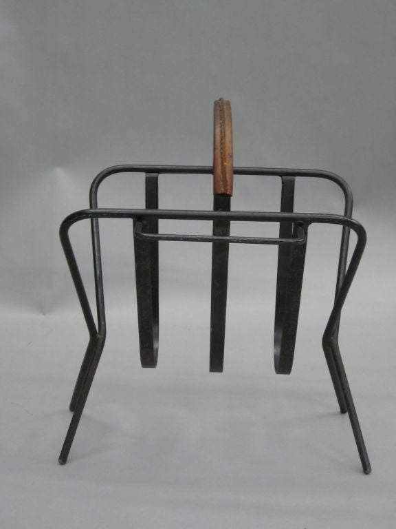 Mid-20th Century French Mid-Century Modern Leather & Iron Magazine Stand in Style Jacques Adnet For Sale