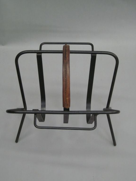French Mid-Century Modern Leather & Iron Magazine Stand in Style Jacques Adnet For Sale 2