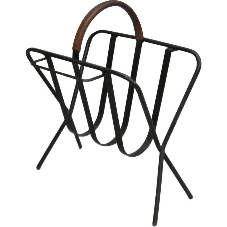 French Mid-Century Modern Leather & Iron Magazine Stand in Style Jacques Adnet For Sale