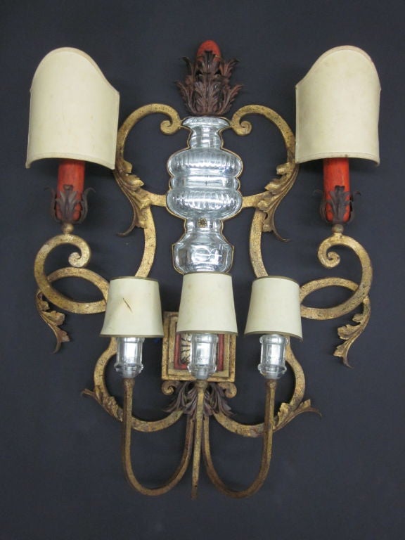 Mid-Century Modern Large French Modern Neoclassical Gilt Iron & Crystal Wall Sconce, Maison Baguès For Sale