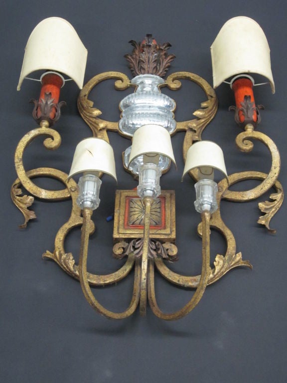 Mid-20th Century Large French Modern Neoclassical Gilt Iron & Crystal Wall Sconce, Maison Baguès For Sale