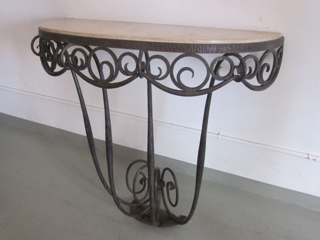 Hammered French Art Deco Wrought Iron and French Limestone Wall Console by Edgar Brandt For Sale