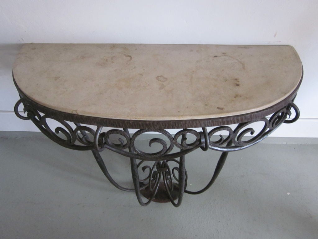 French Art Deco Wrought Iron and French Limestone Wall Console by Edgar Brandt In Good Condition For Sale In New York, NY