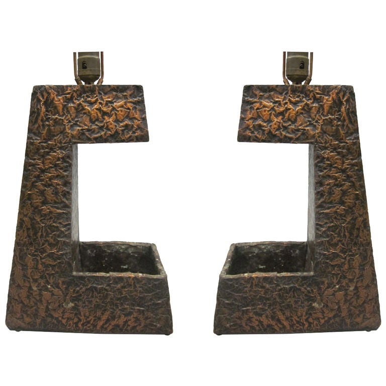 Paar Mid-Century Modern Craftsman Kupferfolien-Tischlampen, Wharton Esherick 