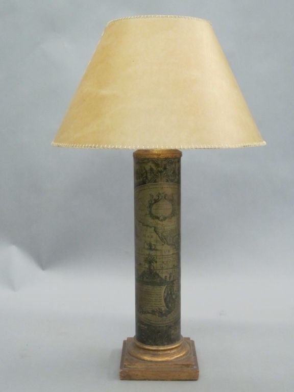 Pair of Italian Mid-Century Modern table lamps referencing neoclassical themes. The pieces are screen printed with 16th-17th century exploration maps of the globe including ships, navigational aids, heraldry and text in Spanish.

Shades shown are