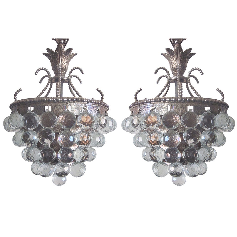 2 Modern Neoclassical Silver & Crystal  Pendants / Chandelier, Wiener Werkstatte For Sale