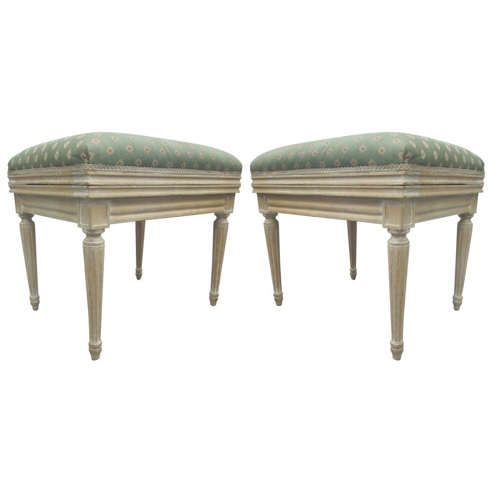 Pair of French Midcentury Louis XVI Style Cerused Oak Benches /Stools For Sale