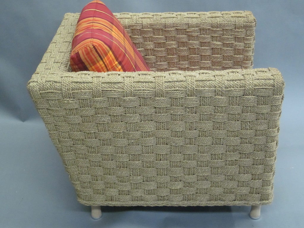 French Pair of Mid-Century Modern Woven Rope Lounge Chairs Attributed to Audoux-Minet