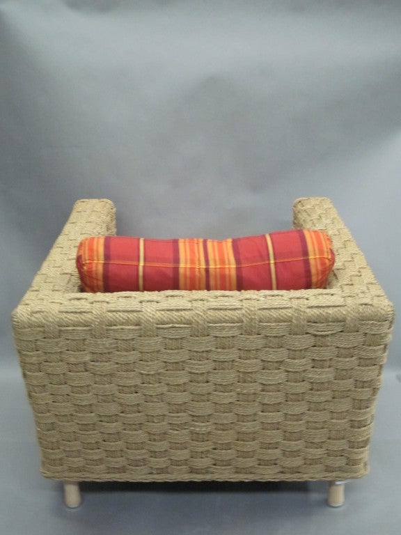 Pair of Mid-Century Modern Woven Rope Lounge Chairs Attributed to Audoux-Minet 1
