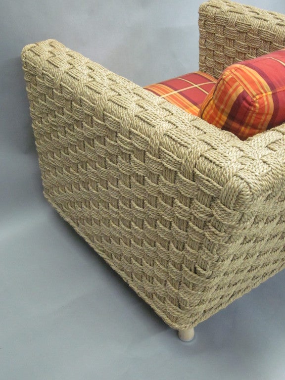 Pair of Mid-Century Modern Woven Rope Lounge Chairs Attributed to Audoux-Minet 2