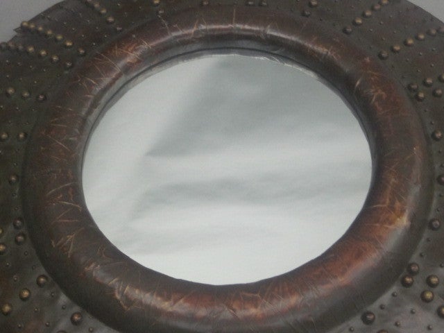 Large French Midcentury Round Leather 'Sunburst' Mirror, Jacques Adnet 1