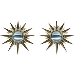 Two Large French, 1940s Style Gilt Iron and Mirrored Sunburst Mirrors 6