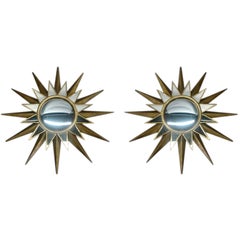 Two Large French Mid-Century Modern Style Gilt Iron & Mirrored Sunburst Mirrors
