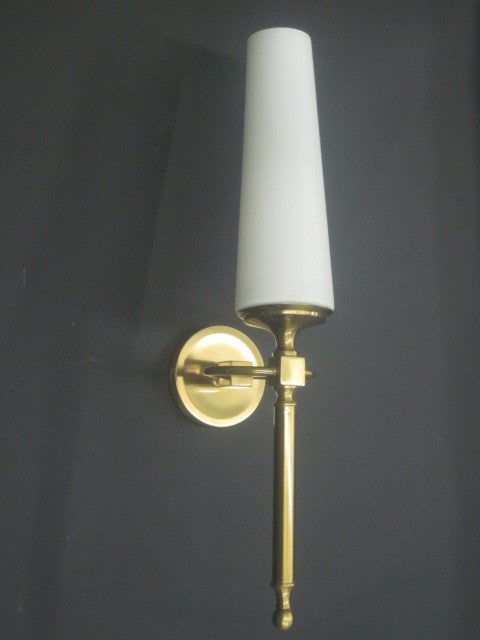 Pair of French Mid-Century Brass and Milk Glass Sconces
