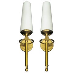 Pair of French Mid-Century Brass and Milk Glass Sconces Pair of French Mid-Century Brass and Milk Glass Sconces
