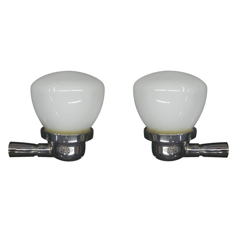Pair European Mid-Century Modern Nickel & Glass Marine Industrial Wall Sconces For Sale