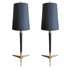 Pair of Hand-Stitched Leather Table Lamps in Manner of J Adnet
