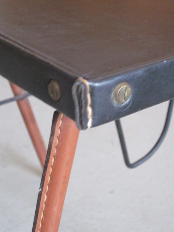 French Midcentury Handstitched Leather Bench / Magazine Stand by Jacques Adnet In Good Condition For Sale In New York, NY