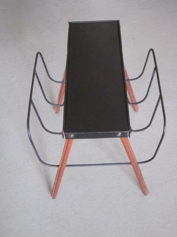 Hand-Knotted French Midcentury Handstitched Leather Bench / Magazine Stand by Jacques Adnet For Sale