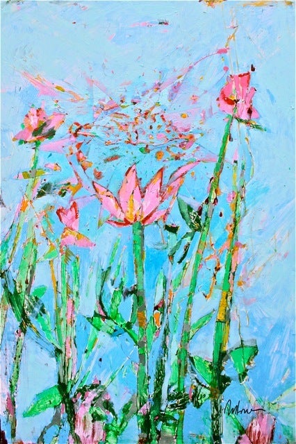 Two paintings of flowers by James Antonie. Signed. Acrylic on paper.

The two pieces are filled with exuberant color, light, vitality and life; they can flank each other side by side to form a mural of exuberant expression. 

Framed in white wood