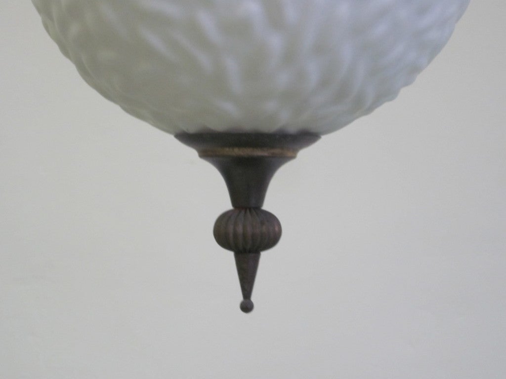 Bronzed 2 Italian Modern Neoclassical Brass & Milk Glass Ball Pendants / Flush Mounts For Sale